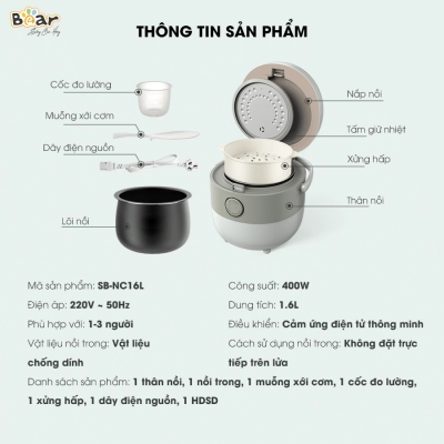 Nồi cơm điện 1.6L Bear SB-NC16L