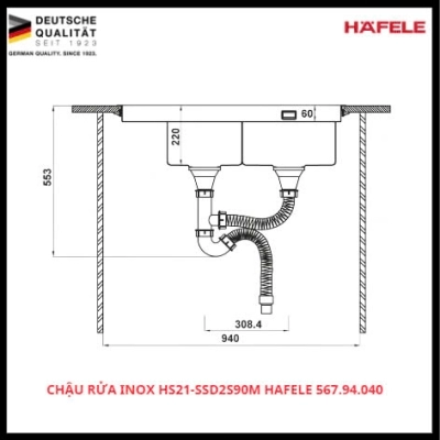 Chậu Rửa Inox HS21-SSD2S90M Hafele SKU: 567.94.040