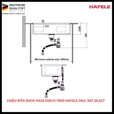 Chậu Rửa Inox HS24-SSN1S-7650 Hafele SKU: 567.20.627