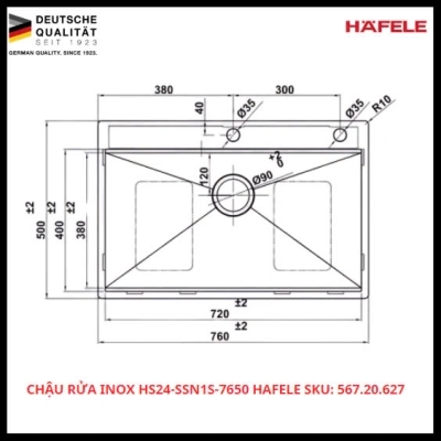 Chậu Rửa Inox HS24-SSN1S-7650 Hafele SKU: 567.20.627