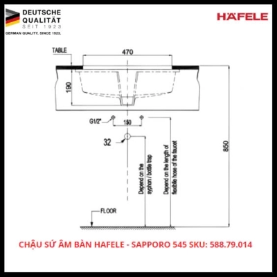 Chậu Sứ Âm Bàn Hafele - Sapporo 545 SKU: 588.79.014